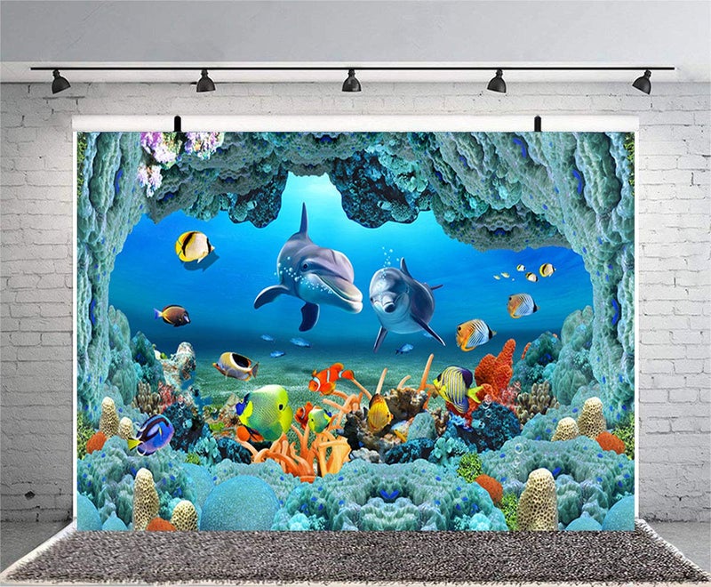 Sensfun 7x5ft 3D Underwater World Photography Backdrop Aquarium Coral Fish Under Sea Cave Dolphin Photo Background for Kids Newborn Happy Birthday Party Ocean Theme Children Photo Studio Props (WP124) - Image 3